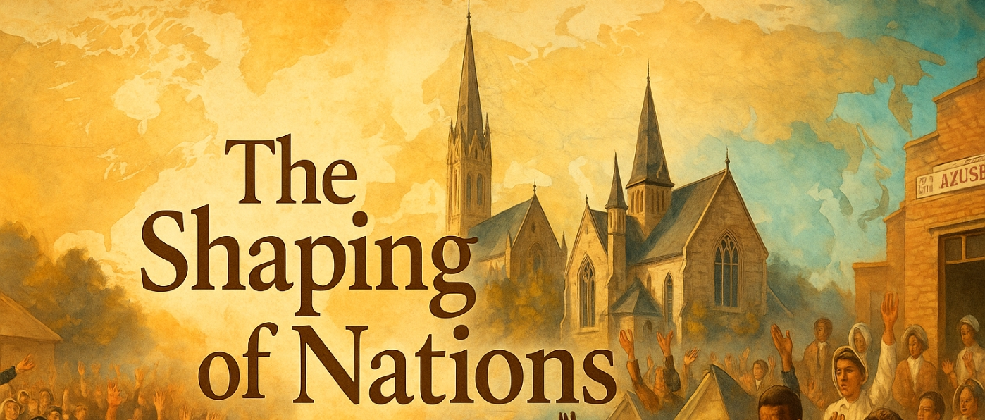 The Shaping of Nations: an illustrated gathering with historic churches and Azusa Street against a world map